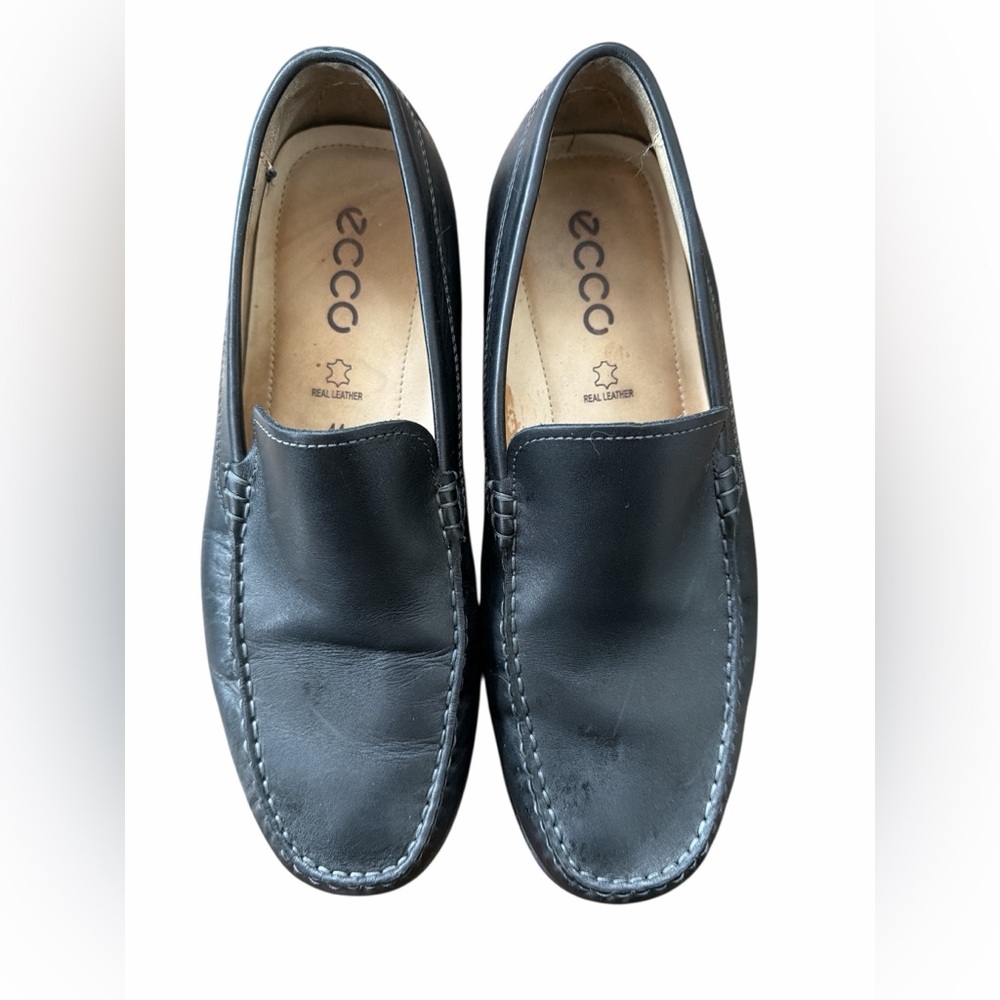ECCO Black Leather Moc Toe Loafers Men’s 44 Classic Comfort Shoes